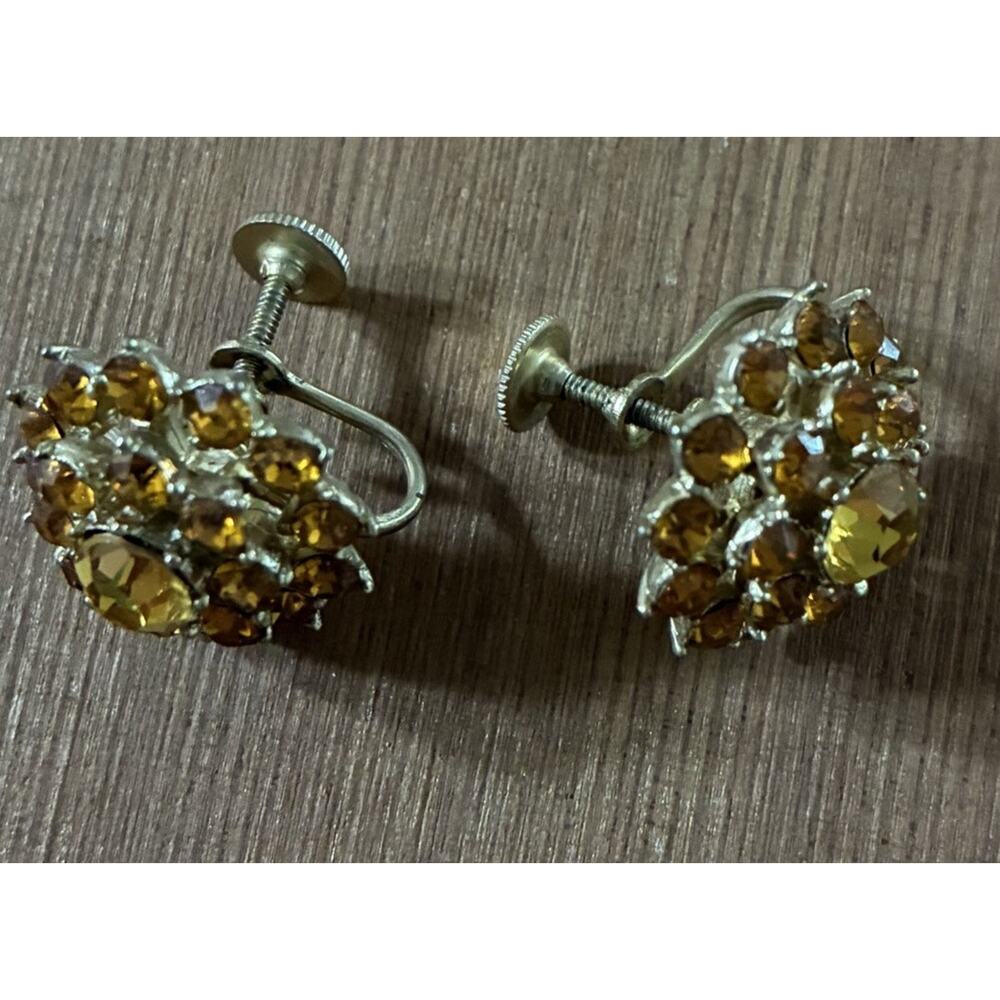 Vintage Screw Back Earrings 2 Silver Tone Dangle Rhinestone &Orange Rhinestone